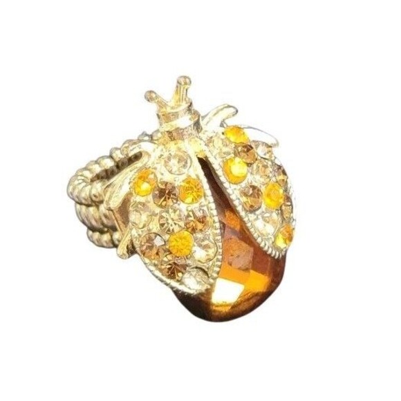 Lady Bug Ring Amber Crystal Gold Statement Stretch Insect Bug Scarab Beetle - Picture 7 of 8